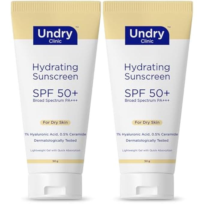 Undry واقي شمس مرطب SPF 50+ PA+++ | جل خفيف الوزن مع 1% حمض الهيالورونيك و 0.5% سيراميد | حماية واسعة الطيف للبشرة الجافة | مختبر جلدياً | عبوة من 2 (50 جرام لكل منهما) - Image 1